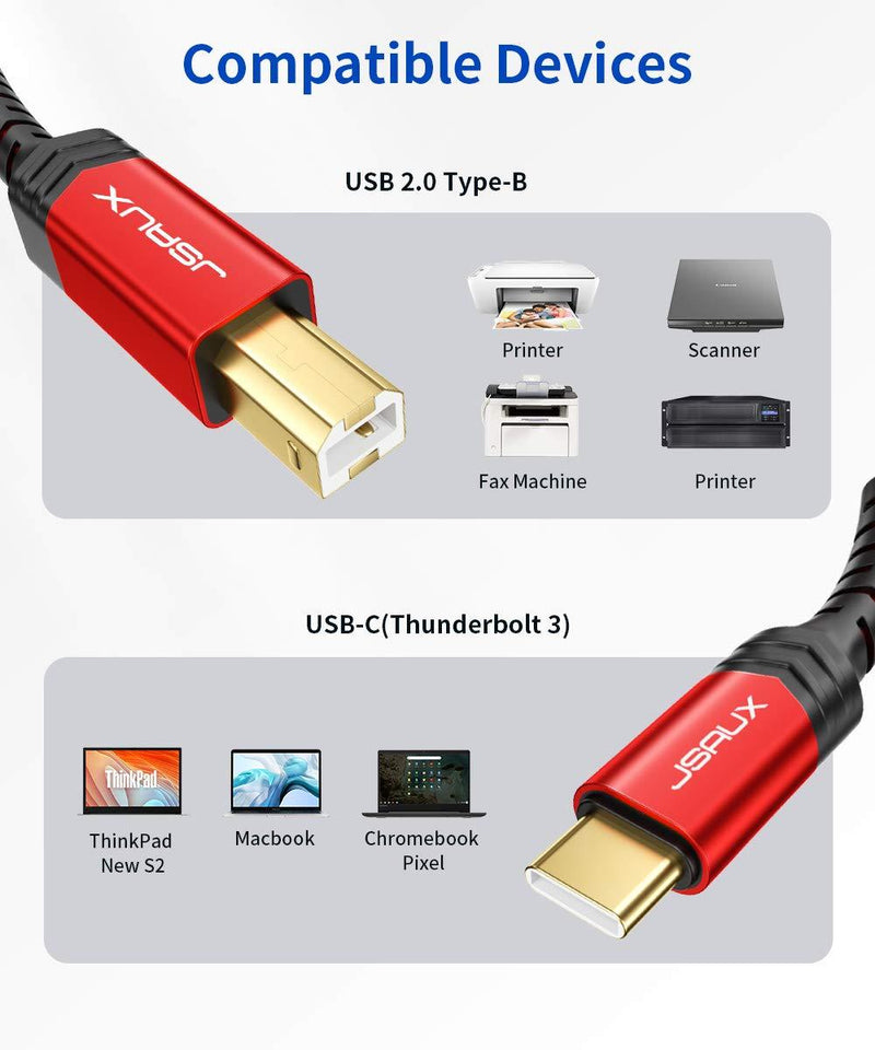 USB C Printer Cable 10FT, JSAUX USB B 2.0 to USB Type C Male Printer Scanner Cord Compatible with MIDI, MacBook Pro, Epson, HP, Canon, Lexmark, Brother, Xerox, Samsung Printers-Red red