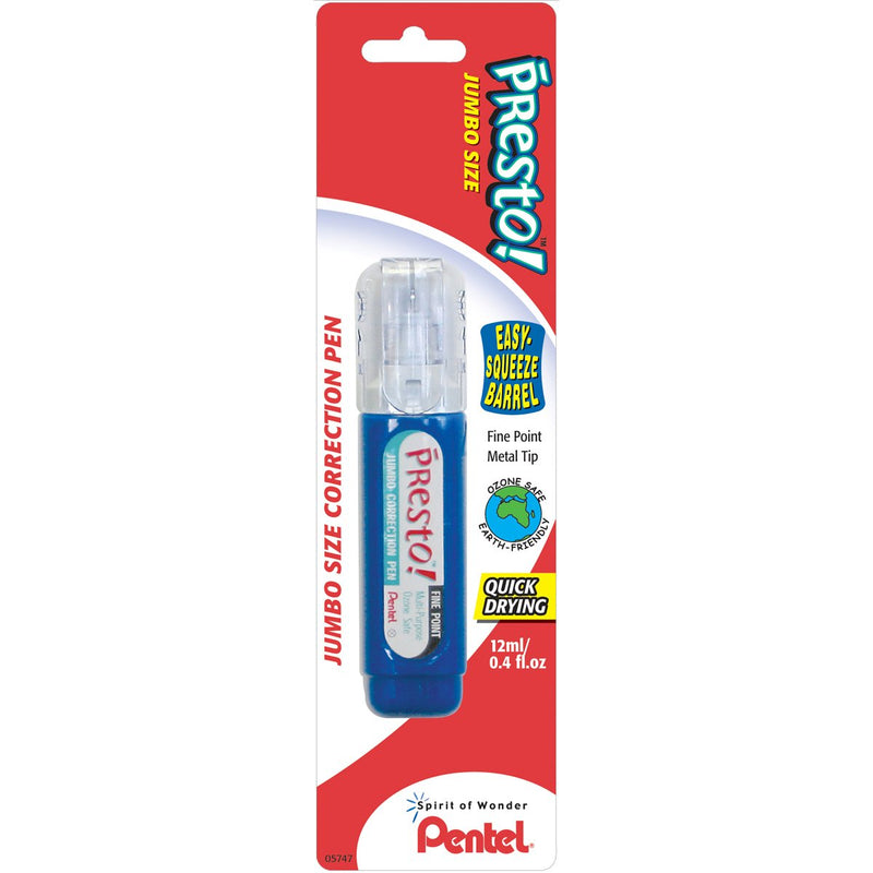 Pentel Presto! Jumbo Correction Pen, Fine Point, Metal Tip, White, 12 ml/0.4 fl.oz. 1 Pack (ZL31WBP-K6)