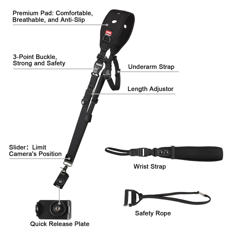 TECDW Camera Strap With Screw Mount, Quick Release Plate, Safety Tether, Camera Hand Strap, Camera Shoulder Strap Black