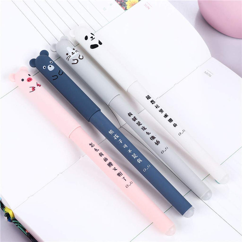 4pcs 0.5mm Erasable Gel Pens, Doraking Cute Cartoon Animasl Refillable Gel Ink Pens, Black Grey Ink Pen for Writing Note with Box (4 Animals) 4 Animals