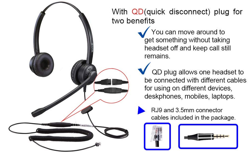 Telephone Headset with RJ9 & 3.5mm Connectors for Landline Deskphone and Smartphone PC Laptops, Call Center Office Headset with Noise Canceling Microphone for Yealink Grandstream Snom