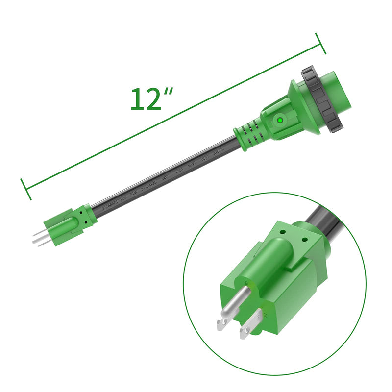 RVGUARD 15 Amp to 30 Amp RV Adapter Cord with Locking Connector 12 Inch, 5-15P Male to L5-30R Female, Dogbone Electrical Converter with LED Power Indicator, Green 15M/30F Locking