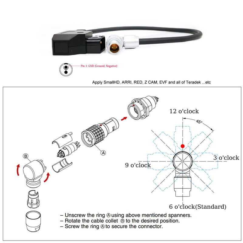 Teradek SmallHD ARRI RED Flexible Power Cable D-tap to Rotatable 0B 2-Pin Male Right Angle, Gold Mount V-Mount Dtap to Teradek Bolt, Z CAM 7.8 INCH / 20CM Adjustable