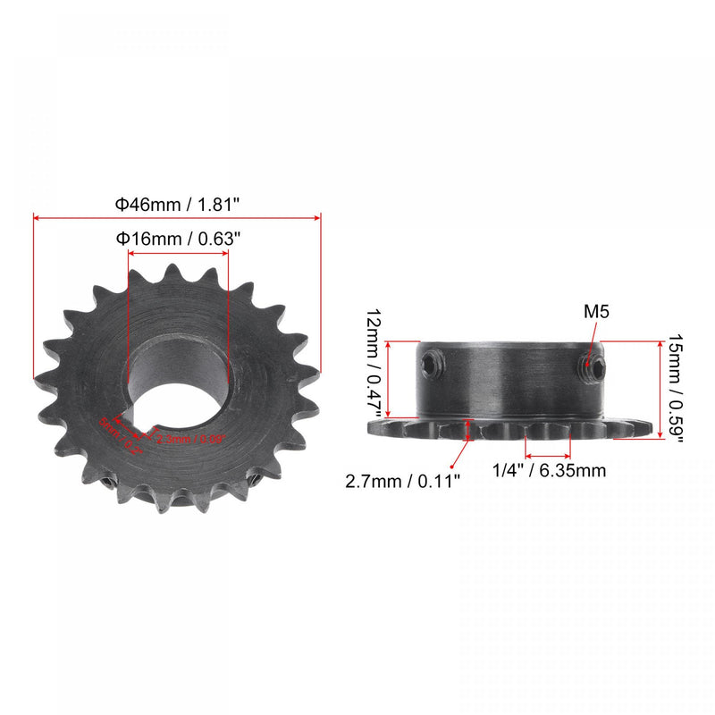 uxcell 21 Tooth Roller Sprocket B Type, 25 Chain, Single Strand 1/4" Pitch, 16mm Bore Black Oxide C45 Carbon Steel, Keyway with Set Screws for ISO 04C