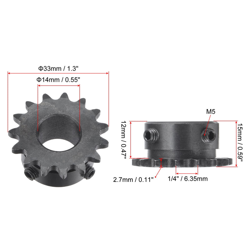 uxcell 15 Tooth Roller Sprocket B Type, 25 Chain, Single Strand 1/4" Pitch, 14mm Bore Black Oxide C45 Carbon Steel with Set Screws for ISO 04C