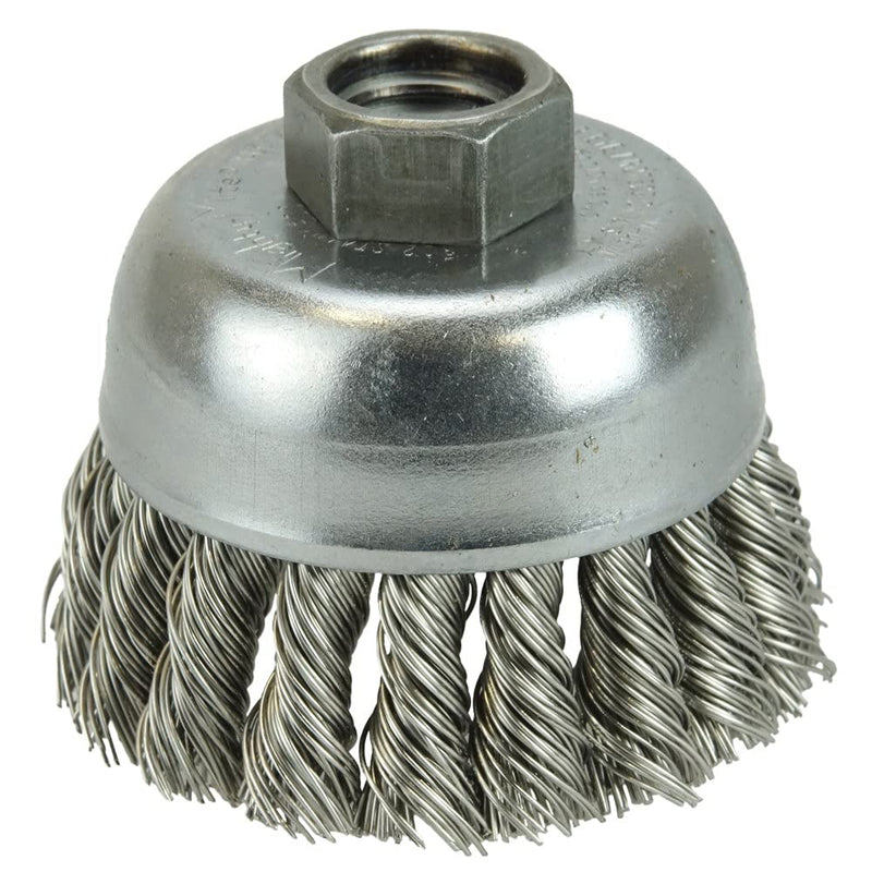Weiler 13258 2-3/4" Single Row Knot Wire Cup Brush, .020" Stainless Steel Fill, 5/8"-11 UNC Nut, Made in the USA 2-3/4" Dia .020" Wire Size x 1" Trim Length
