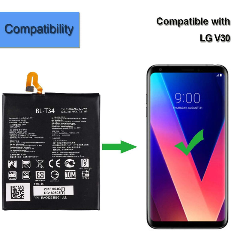 Li-Polymer Replacement Battery BL-T34 Compatible with LG V30 H930 H933 H932 LS998 H931 US998 VS996 with Tool
