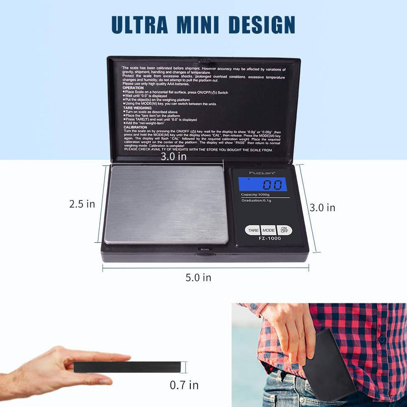 Fuzion Digital Pocket Scale 1000g/0.1g, Small Digital Scales Grams and Ounces, Herb Scale, Jewelry Scale, Portable Travel Food Scale( Battery Included ) Black 1000g × 0.1g