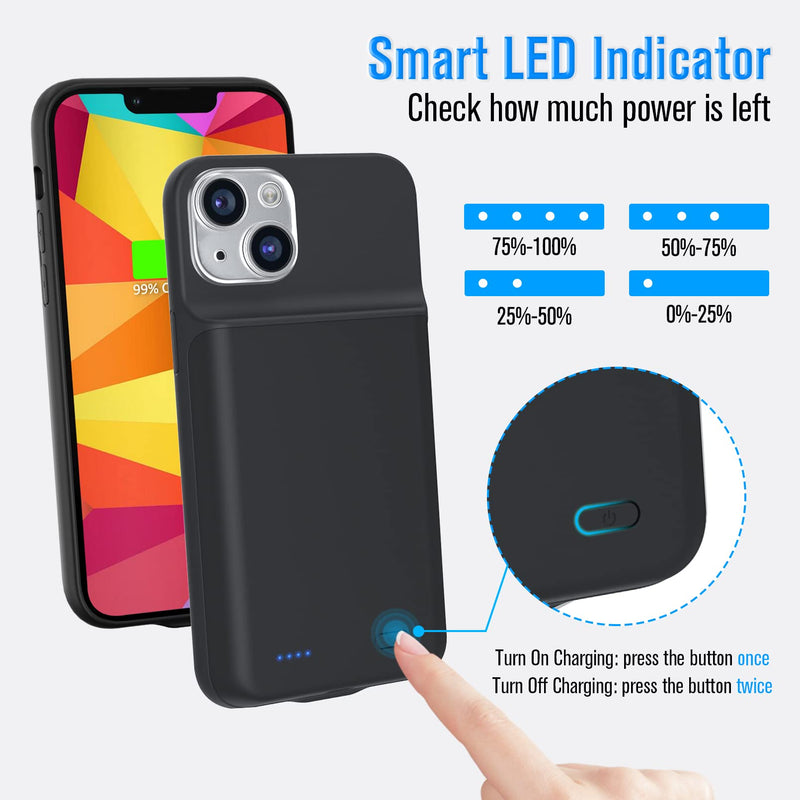 Gladgogo iPhone 14 Charging Case, 7000mAh Slim Rechargeable Smart iPhone 14 Battery Case, Portable Protective Extended iPhone 14 Charger Case 6.1 inch, Black