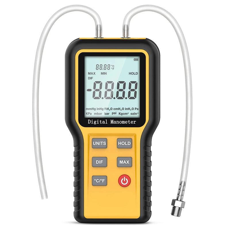 Manometer, Professional Air Pressure Gauge, Handheld HVAC Manometer 12 Selectable Units Differential Pressure Display, Dual Port Manometer Gas Pressure Tester with Backlight (Battery Included) Yellow