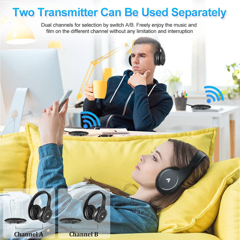 Wireless Headphones for TV Watching, Folding Over Ear Headphones with 2.4GHz RF Transmitter Support Optical RCA AUX, No Audio Delay, 100ft Wireless Range (Black)