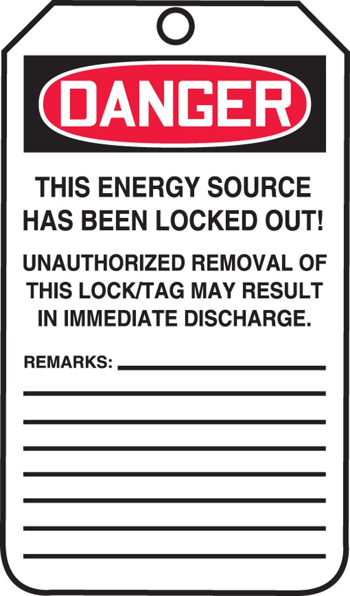 Accuform TAM103PTP RP-Plastic Mini Tag, Legend"Danger Locked Out DO NOT Operate", 4-1/4" Length x 2-1/8" Width x 0,015" Thickness, Red/Black on White (Pack of 25)
