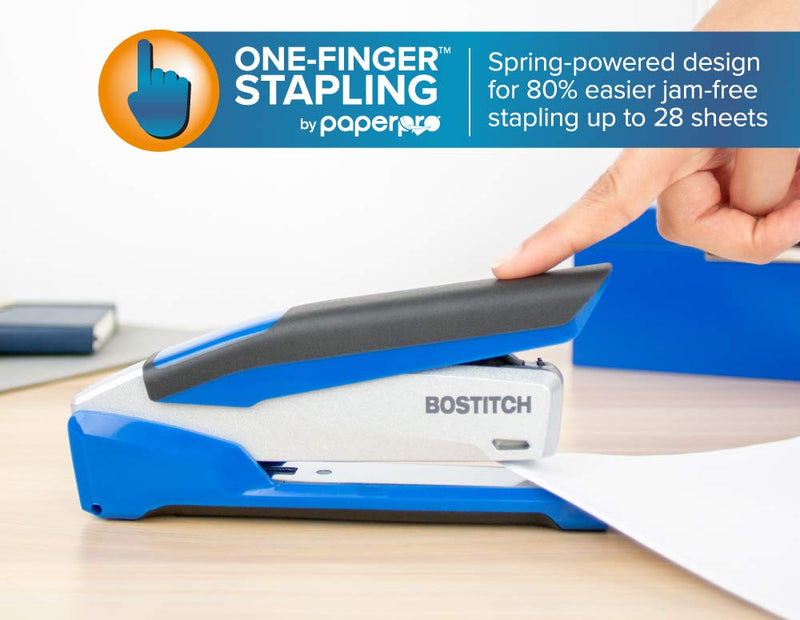 Bostitch InPower Spring-Powered Premium Desktop Stapler - One Finger, No Effort, Blue/Silver (1118)