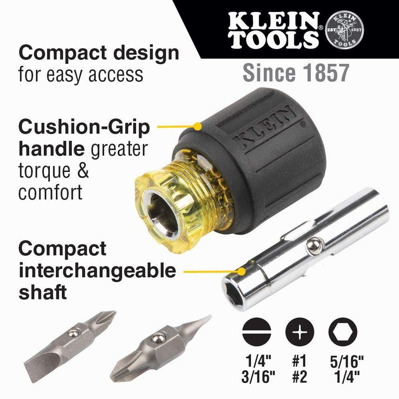Klein Tools 6-in-1 Multi-Bit Screwdriver / Nut Driver, Stubby 32561 Yellow/Black, 3/16-Inch and 1/4-Inch Slotted, #1 and #2 Phillips, 1/4-Inch and 5/16-Inch Nut Drivers