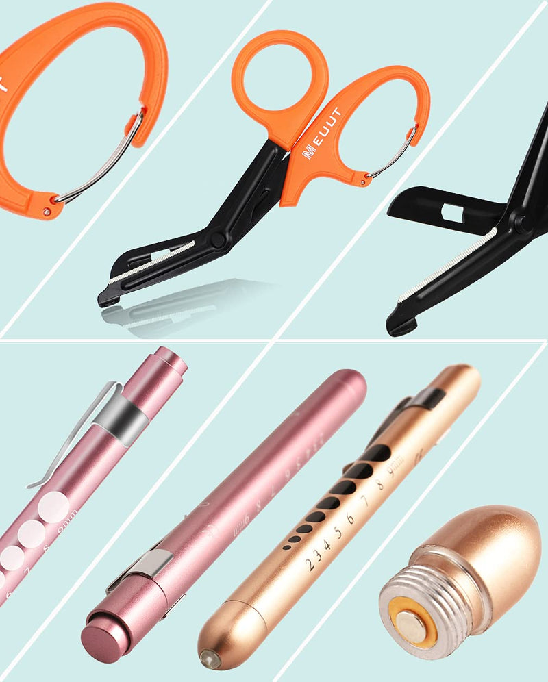 MEUUT 3 Pack Medical Scissors Penlights for Nurses-Two Medical Pen lights with Pupil Gauge, One 7.5" Trauma shears Bandage Scissors with Carabiner-Nurse Accessories for Nurse Doctor Orange shear+Light pink&Rose gold penlight