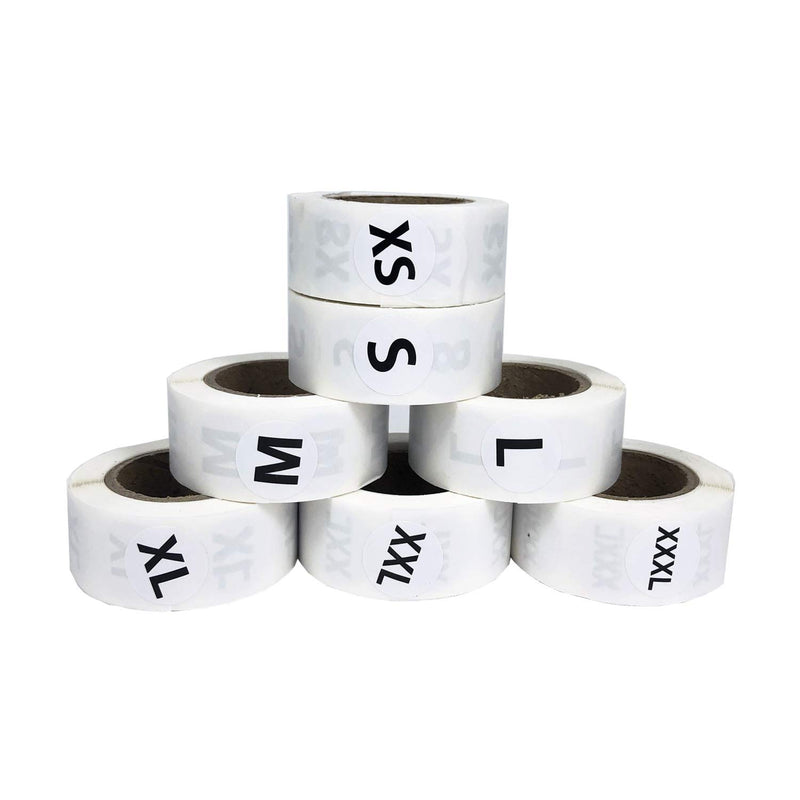 3500 PCS Clothing Size Stickers Labels 7/8" Round Self Adhesive Size Stickers for Clothing T Shirts Retail, 7 Sizes (XS, S, M, L, XL, XXL, XXXL) Xs-xxxl White With Black Word