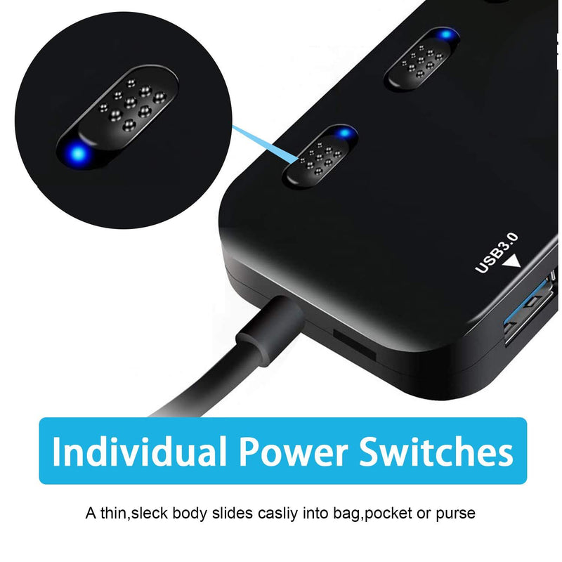 4-Port USB 3.0 Hub with Individual Power Switches and Lights, High-Speed Data Hub Splitter Portable USB Extension Hub for PC Laptop and More (No Power Adapter)