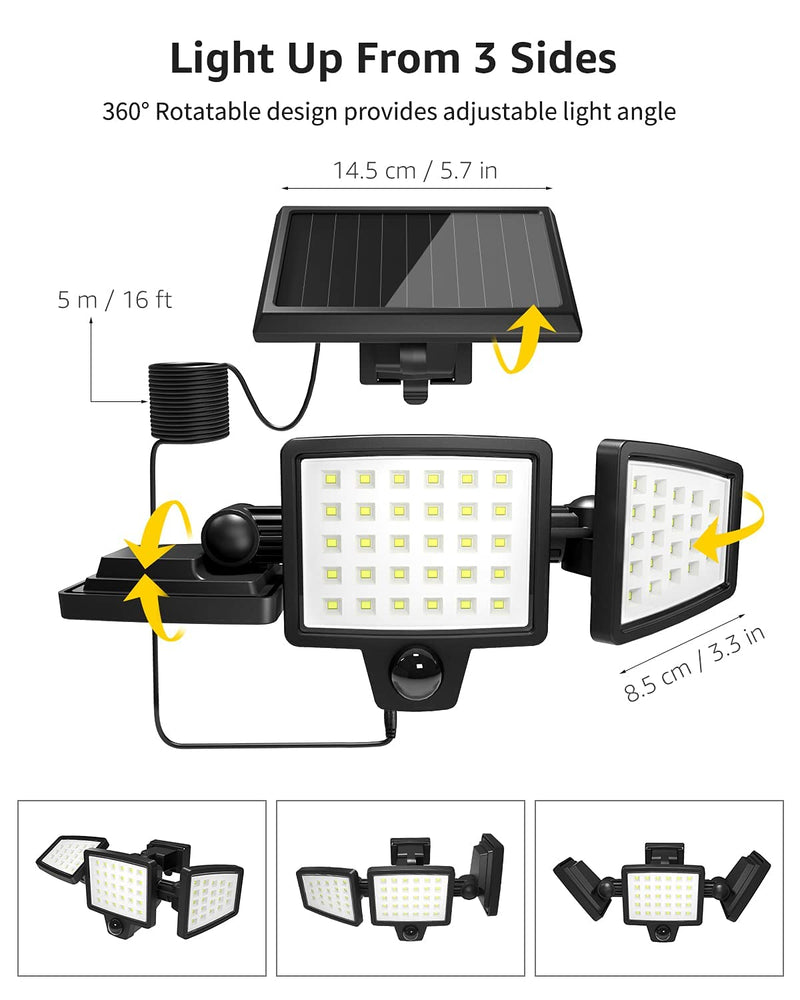 Lepro Solar Motion Lights Outdoor, 1000LM Security Lights, Separate Solar Panel, 3 Adjustable Head 270° Wide Lighting Angle, 72 LED IP65 Waterproof Flood Lights for Porch Yard Garage Pathway 1