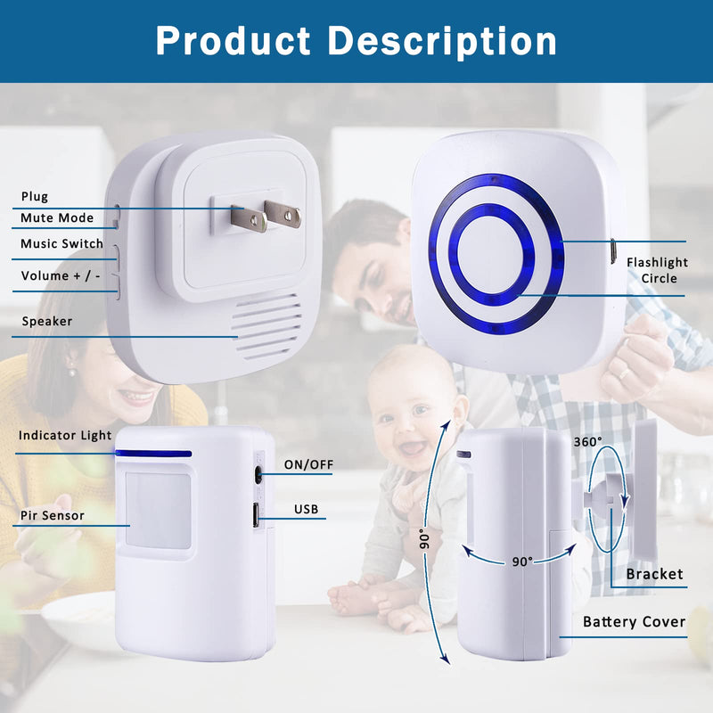 Motion Sensor Alarm - Seanme Wireless Driveway Alarm 100m Long Distance Signal Transmission, Home Security Alarm System Motion Sensor Doorbell with 38 Chime Tunes, 4 Volume Levels 2 reciver and 3 sensor