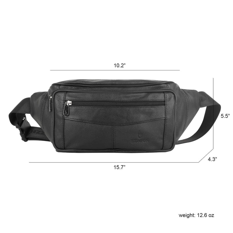 ZZNICK Genuine Leather Fanny Pack / Waist Bag / Organizer with Adjustable Belt, Multiple Pockets For Men and Women Black-873 Large