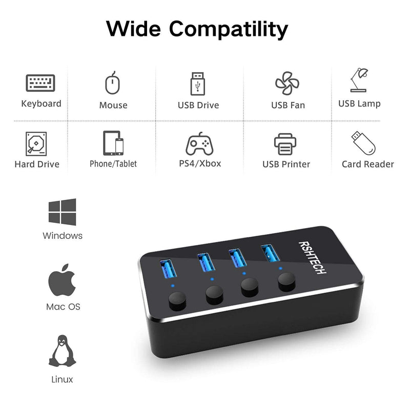 Powered USB hub RSHTECH 4 Port USB C to USB 3.0 Port Hub Expander Aluminum Portable USB 3.0 hub Splitter with 5V AC Adapter and Individual On/Off Switches (RSH-516-C) 4 port powered USB C hub