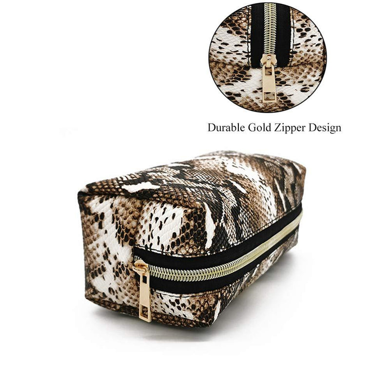 2 Pack Makeup Bag Organizer Set Portable Large Cosmetic Pouch Travel Brush Holder PU Handbag with Gold Zipper Pencil Storage Case for Women Purse,Snake Skin Snake skin