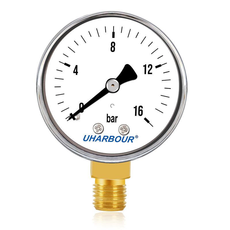 UHARBOUR pressure gauge water 0-16 bar, pressure gauge 1/4 inch, pressure gauge compressed air lower bracket, compressed air pressure gauge 1/4 BSP brass connection
