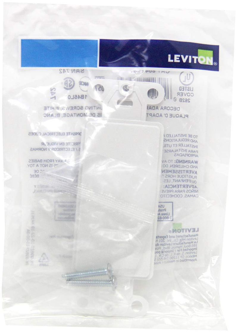 Leviton 80414-W Decora plastic adapter plate, Blank - No hole, with-ears, and two mounting screws. White 1 Pack