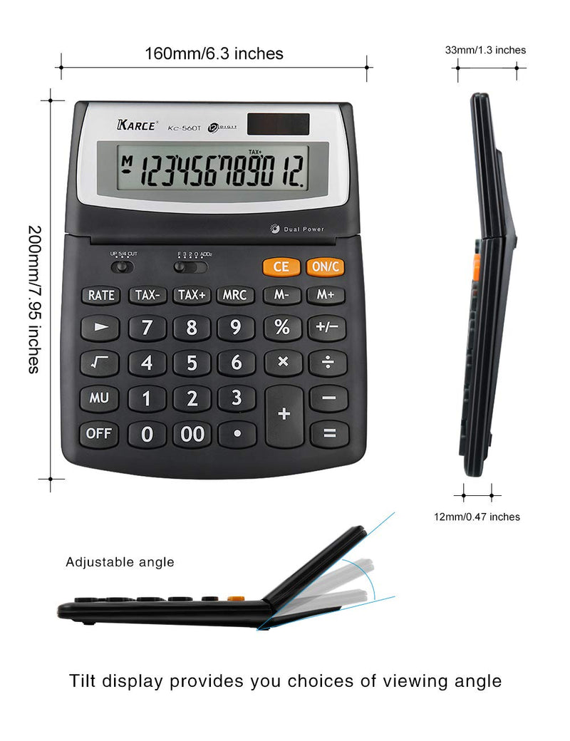 KARCE KC-560T-12, 12-Digits Large Desktop Tax Calculator, Black