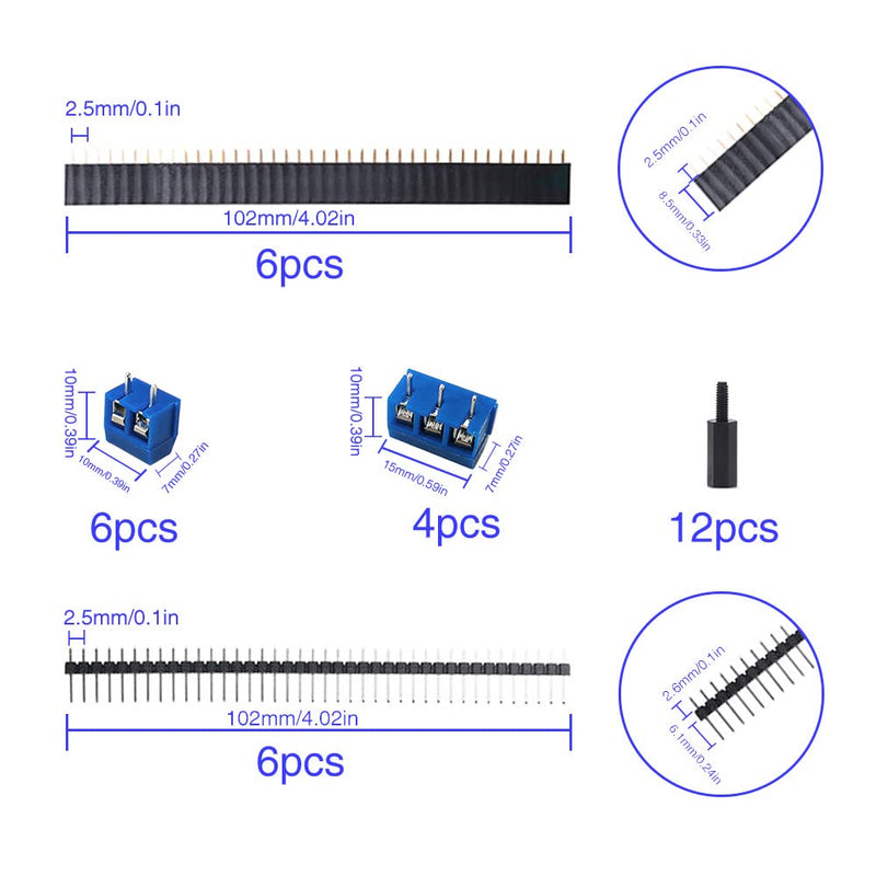 VooGenzek 46 pieces PCB board kits, 12 pieces double-sided circuit board prototype cards + 12 pieces male/female header connector + 10 pieces 2/3-pin screw terminal + 12 pieces nylon column 12+12+10+12