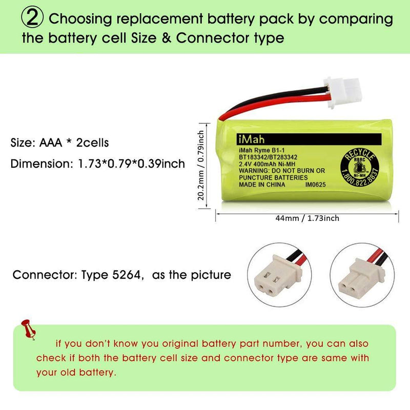 iMah BT183342/BT283342 2.4V 400mAh Ni-MH Battery Pack, Also Compatible with AT&T VTech Cordless Phone Batteries BT166342/BT266342 BT162342/BT262342 CS6709 CS6609 CS6409 BL102-3 EL52100 EL50003, 2-Pack