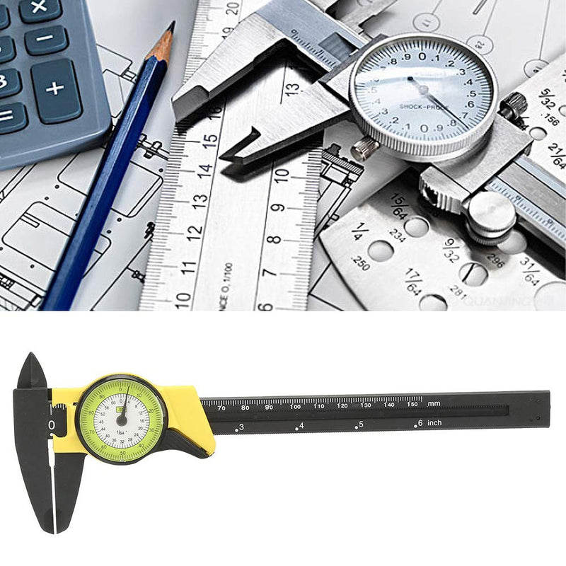 Dial Calipers 150mm, Plastic Dial Vernier Caliper Ruler Gauge Imperial Standard Measuring Tool 0.1mm Read Value(Yellow) (Yellow)