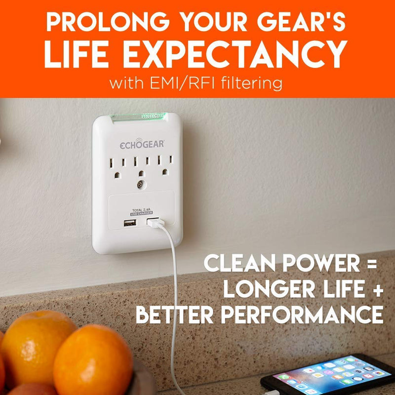 ECHOGEAR Low Profile Surge Protector with 3 AC Outlets & 2 USB Ports â€“ 540 Joules of Surge Protection - Installs Over Existing Outlets to Protect Your Gear & Increase Outlet Capacity Single