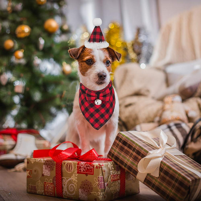 Christmas Dog Bandana Hat Bow tie Set - Classic Plaid Pet Scarf Triangle Bibs Dog Christmas Costume Decoration Accessories for Small Medium Large Dogs Cats Pets Red