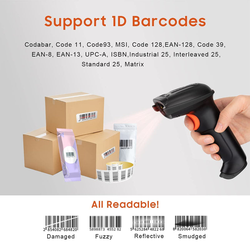 Tera Barcode Scanner Wireless Versatile 2-in-1 (2.4Ghz Wireless+USB 2.0 Wired) with Battery Level Indicator, 328 Feet Transmission Distance Rechargeable 1D Laser Bar Code Reader USB Handheld (Black) Black