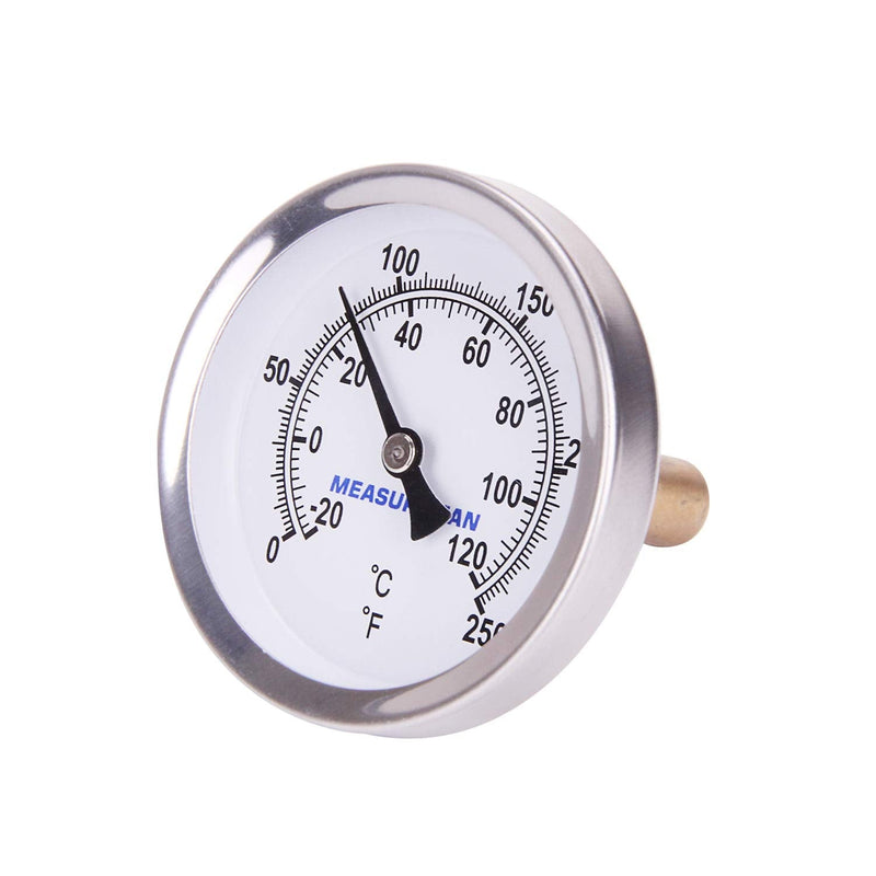 MEASUREMAN Hot Water Bi-Metal Thermometer, 2-1/2" Dial, 1-3/4" Lead-Free Brass Stem, Range 0-250 deg F/-20-120 deg C, 2% Accuracy, Adjustable, 1/2" NPT Back Mount