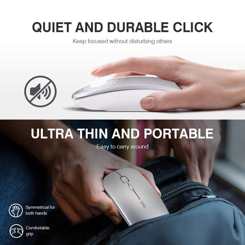 Wireless Mouse,Rechargeale & Noiseless, Inphic Ultra Slim USB 2.4G PC Computer Laptop Cordless Mice with USB Nano Receiver, 1600 DPI Travel Mouse for Office Windows Mac Linux MacBook, Silver