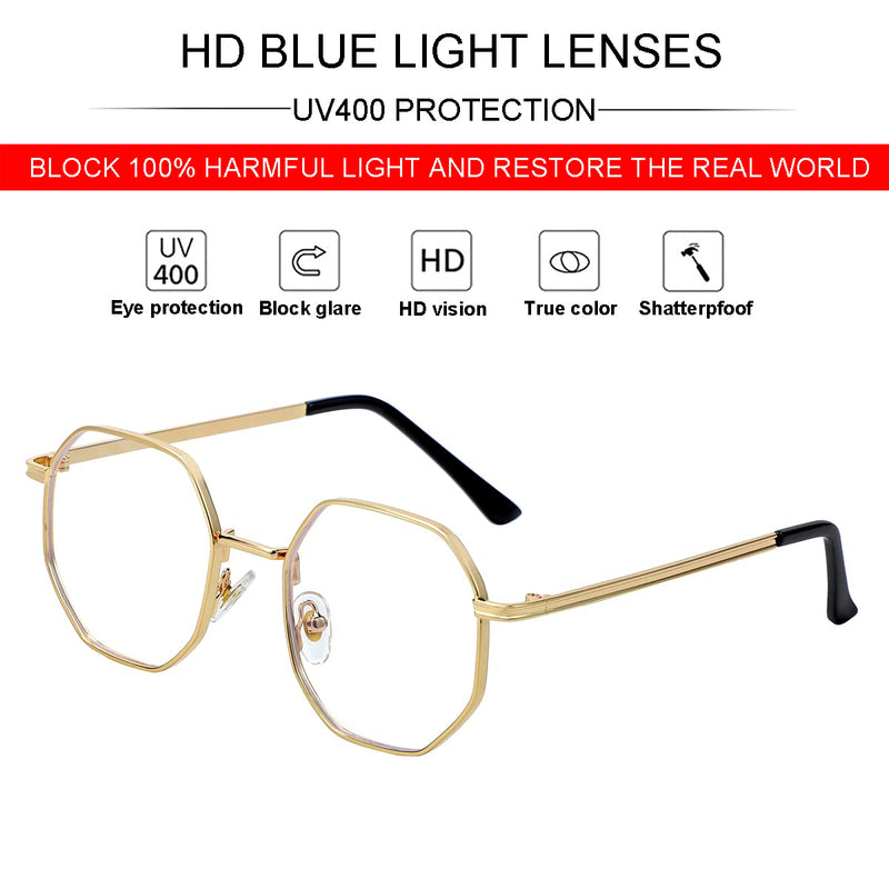 JOVAKIT Polygon Blue Light Blocking Glasses for Women Men Vintage Octagon Square Non-prescription Metal Eyeglasses Gold 50 Millimeters