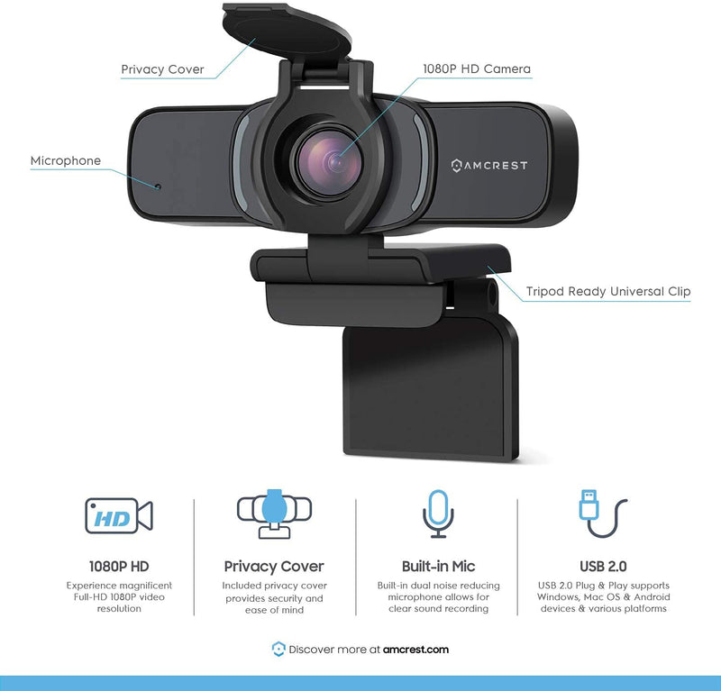 Amcrest 1080P Webcam with Microphone & Privacy Cover, Web Cam USB Camera, Computer HD Streaming Webcam for PC Desktop & Laptop w/ Mic, Wide Angle Lens & Large Sensor for Superior Low Light (AWC201-B)