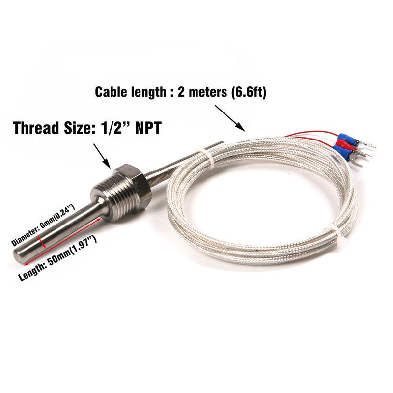 ATOPLEE 1pc Temperature Sensor Probe,Stainless Steel Waterproof Pt100 Ohm Probe Sensor 1/2 inch Thread with Insulation Lead Wire(-50-250°C)