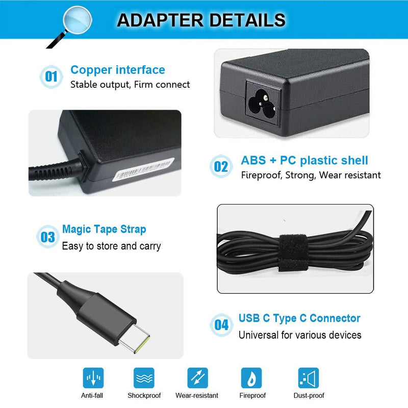 65W 45W USB-C Charger for Lenovo ThinkPad T480 T480s T490s T580 T580s T590 E480 E580 E585 Chromebook 100e 300e 500e C330 C340 S330 Yoga C930 C940 C740 S730 730 730S 910 920 X1 Carbon 5th 6th 7th Gen