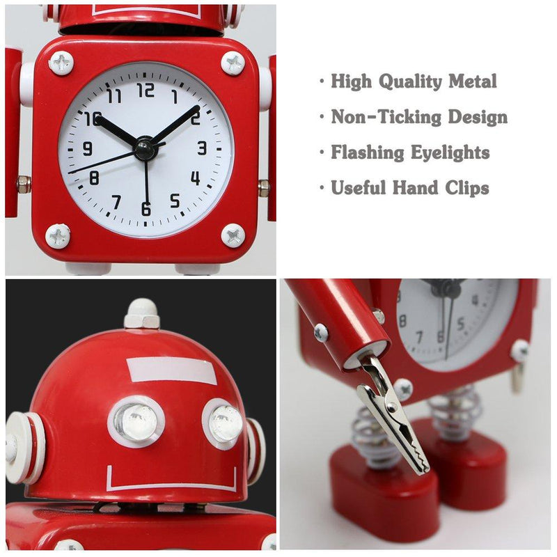 Betus Non-Ticking Robot Alarm Clock Stainless Metal - Wake-up Clock with Flashing Eye Lights and Hand Clip (Ruby Red) Ruby Red