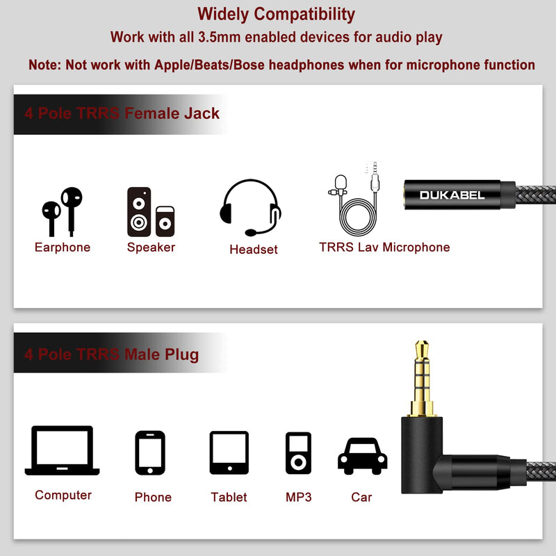DUKABEL Headphone Extension Cords, 1.2 Meter(4 Feet) Right-Angle 3.5mm TRRS Earbuds Extender with Mic and Audio HiFi Stereo 1/8 inch Male to Female Audio Jack Extension for Audio Devices, PC etc. 1.2M / 4Feet Black