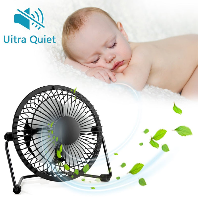 4 Inch Small USB Desk Fan, Mini Quiet Fan with Metal Construction & Strong Airflow & 360Â°Adjustable Tilt Angle, Personal Cooling Fan for Desktop Office (Black) Black