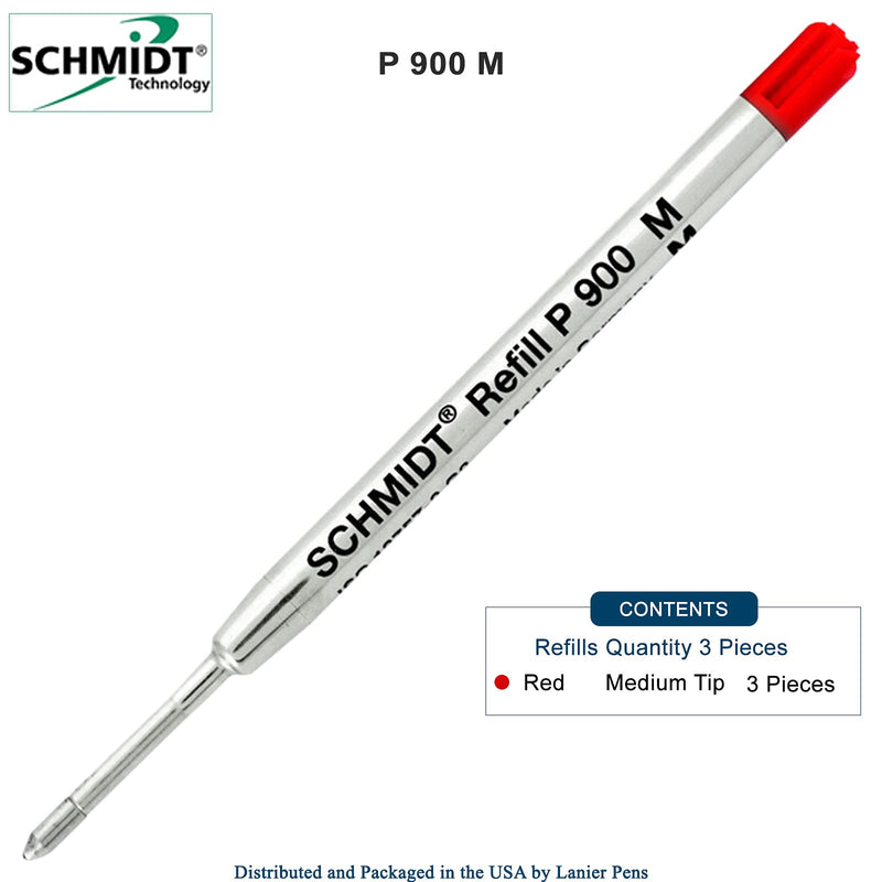 3 Pack - Med-Red Ink P900 Schmidt Parker Style Ballpoint Refill