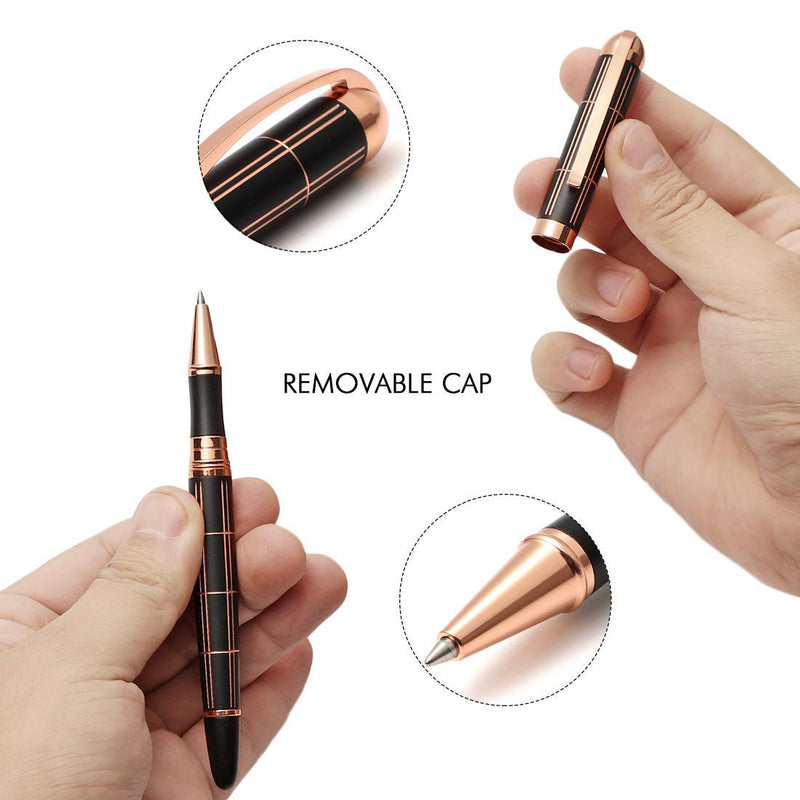 Rose Gold Gel Ink Rollerball Pen - Geometric Stripe Style Copper Grip Metal Pens in Adorable Box with 1 Extra Refill (Black Ink, 0.7mm Fine Point)