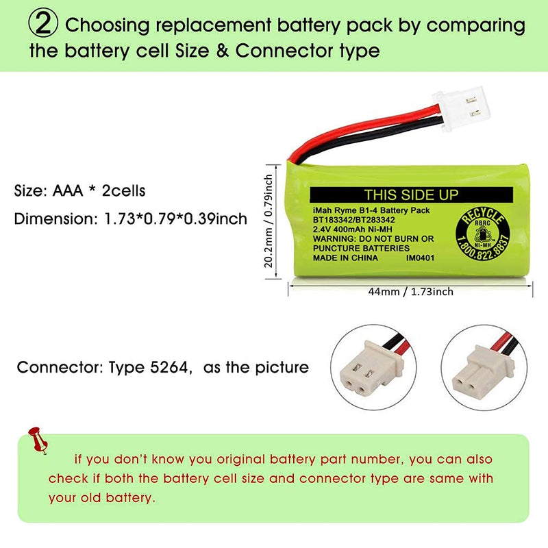 iMah BT183342/BT283342 2.4V 400mAh Ni-MH Battery Pack, Also Compatible with AT&T VTech Cordless Phone Batteries BT166342/BT266342 BT162342/BT262342 2SN-AAA40H-S-X2, Pack of 2