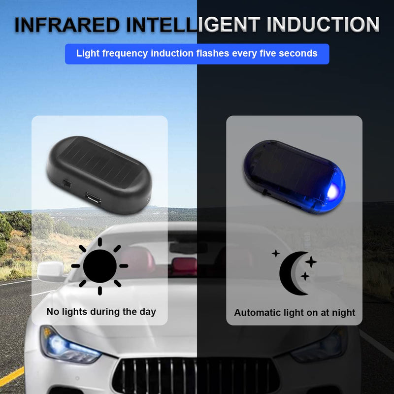 Car Solar Power Simulated Dummy Alarm, Anti-Theft LED Flashing Security Light Fake Lamp, Automotive Warning Interior Safety Lights with USB Charger Port, Car Accessories Universal for Most Cars (Blue) Blue