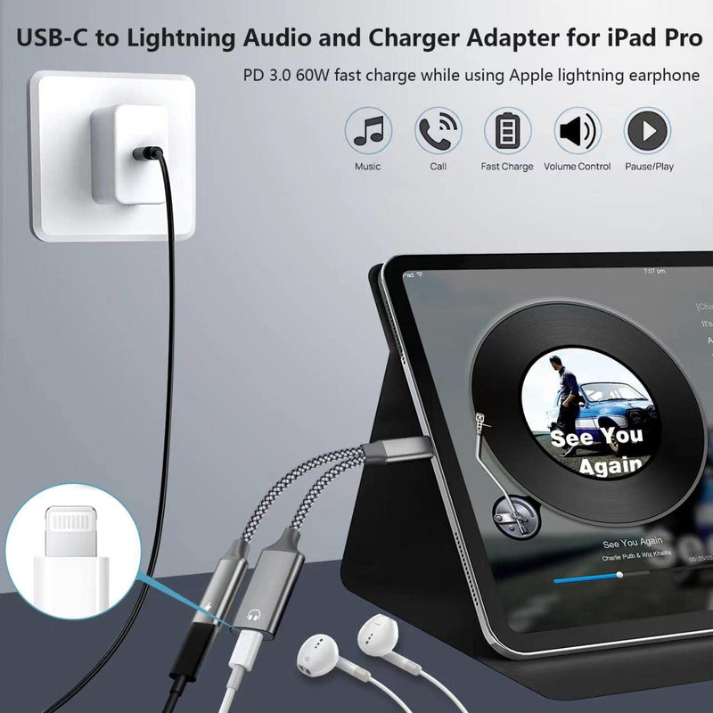 USB C to Lightning Audio Adapter, USB Type C Male to Lightning Female Headphones Converter & PD 60W Charging Dongle Compatible with iPad Pro 2021/2022, iPad Air 2020/2022, MacBook, Galaxy S23/S22/S21 Grey