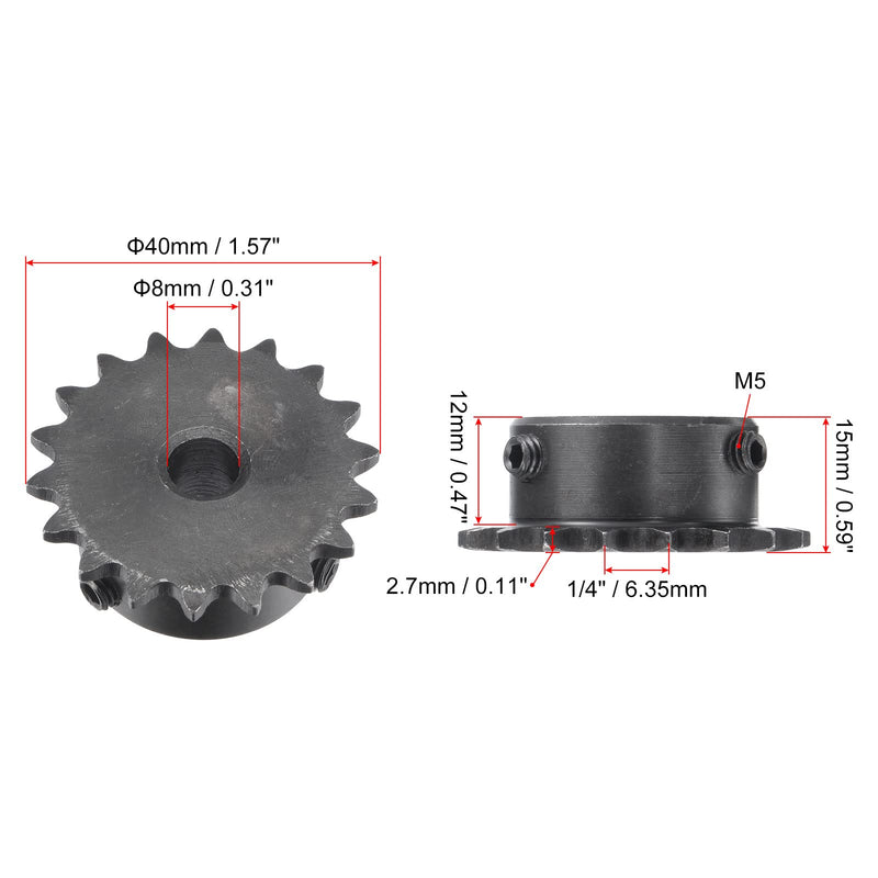 uxcell 18 Tooth Roller Sprocket B Type, 25 Chain, Single Strand 1/4" Pitch, 8mm Bore Black Oxide C45 Carbon Steel with Set Screws for ISO 04C